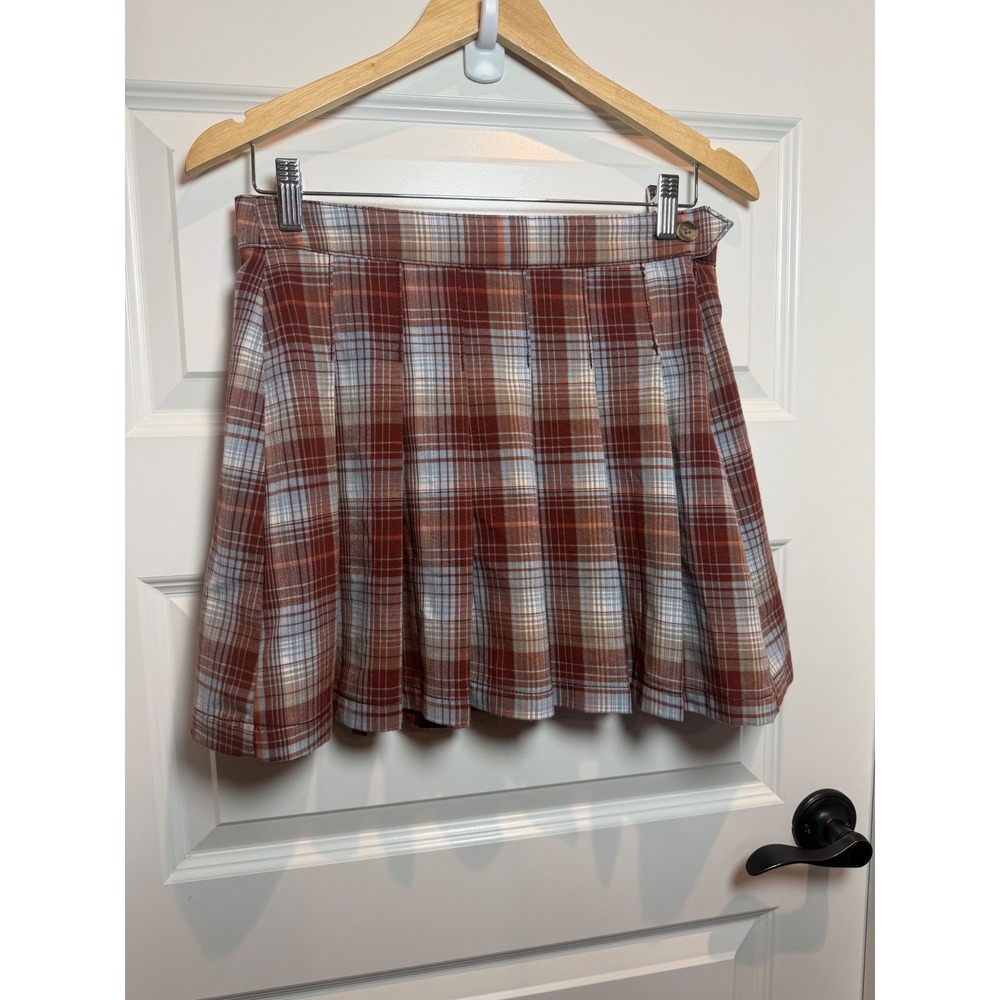 American Eagle Plaid Pleated Mini Skirt Rust Blue Brown Womens Size 4 Regular